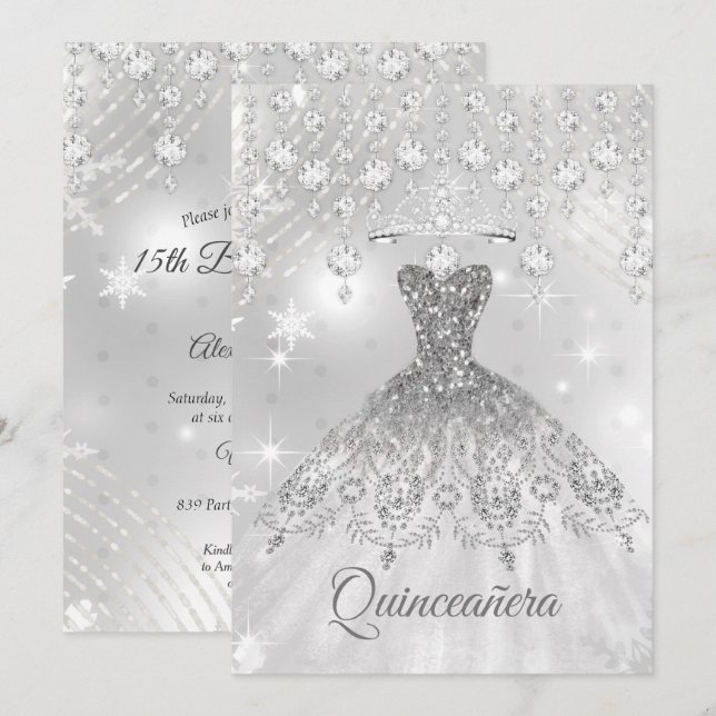 Quinceanera Silver White Dress 15:e Födelsedagsfes Inbjudningar (Fram/baksida)