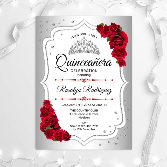 Quinceanera - Silver White Red Inbjudningar (Skapare uppladdad)
