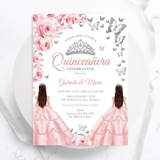 Quinceanera Silver White Rosa Blommigt Twillingar Inbjudningar (Skapare uppladdad)