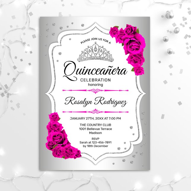Quinceanera - Silver White Rosa Inbjudningar (Skapare uppladdad)