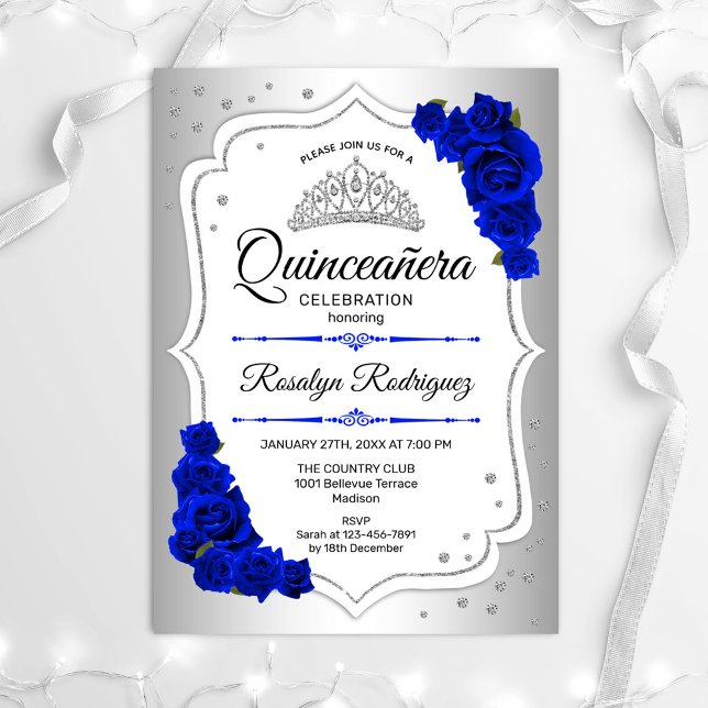 Quinceanera - Silver White Royal Blue Inbjudningar (Skapare uppladdad)