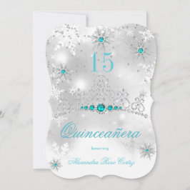 Quinceanera Silver White Teal Blue Pearl Snowflake Inbjudningar