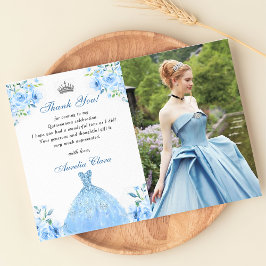 Quinceanera silverblå blomklänning tackkort inbjudningar