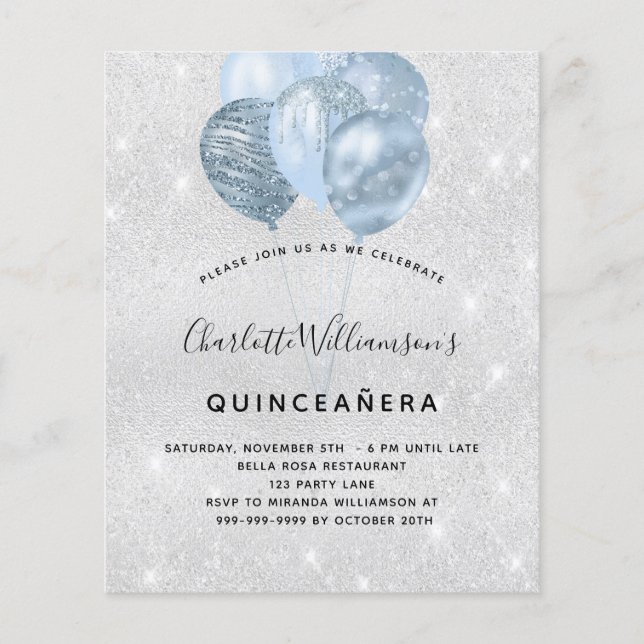 Quinceanera silverblå glitterballongsinbjudan (Framsida)