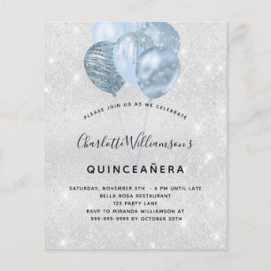 Quinceanera silverblå glitterballongsinbjudan