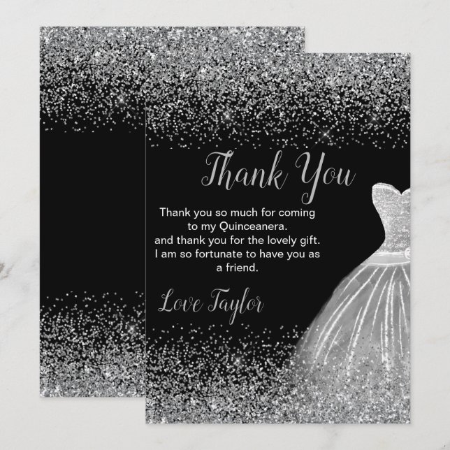 Quinceanera Silverklänning Falsk Glitter Tack Kort (Fram/baksida)
