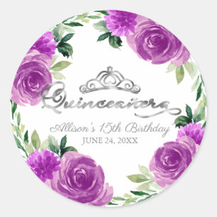 Quinceanera Silvertiara Lila Blommig Runt Klistermärke