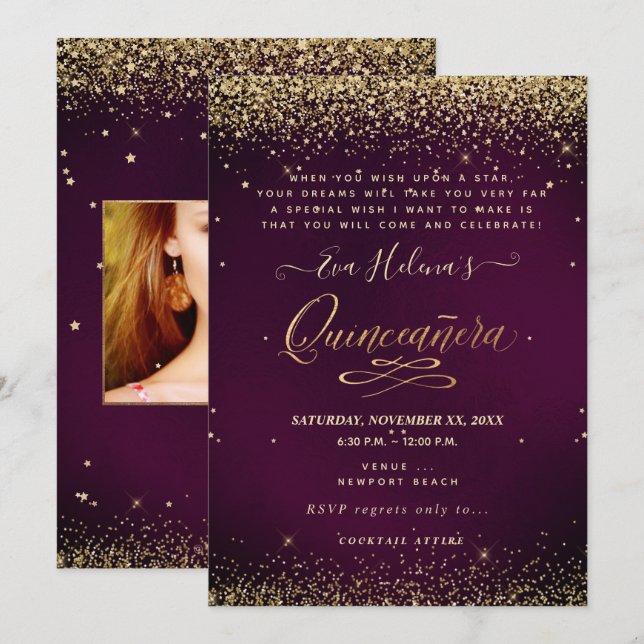 Quinceañera, skriven i Star, DIY Burgundy Inbjudningar (Fram/baksida)