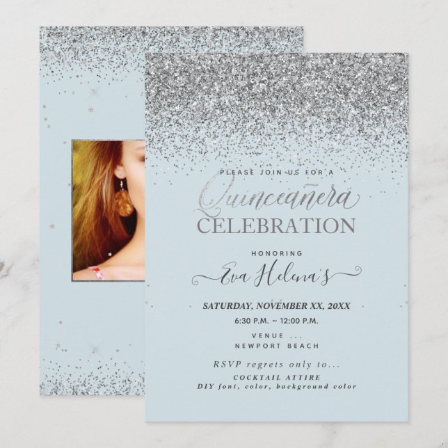 Quinceañera, skriven i Star, DIY Dusty Blue Inbjudningar (Fram/baksida)