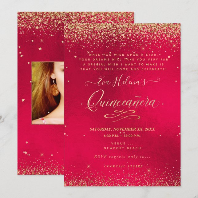 Quinceañera, skriven i Star, Red Velvet Inbjudningar (Fram/baksida)