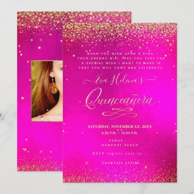 Quinceañera, skriven i Star, Shock rosa Inbjudningar (Fram/baksida)