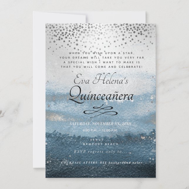 Quinceañera , skriven i Stars, Silver Himlar Inbjudningar (Framsida)