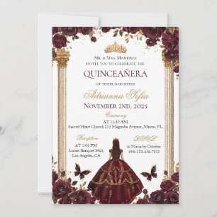 Quinceañera Smaragd Guld Burgunder Rosor Prinsessa Inbjudningar