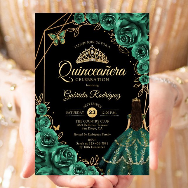 Quinceanera Smaragd Guld Klänning Blommig  Inbjudningar (Skapare uppladdad)