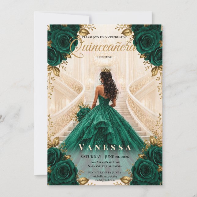 Quinceanera Smaragd- och Guldinbjudan Inbjudningar (Framsida)