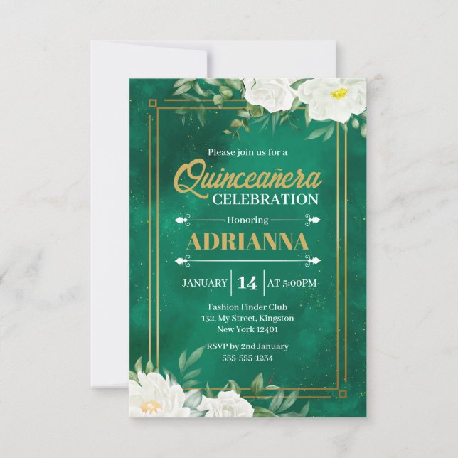 Quinceanera Smaragdgrön Akvarell Vit Blommig Inbjudningar (Framsida)