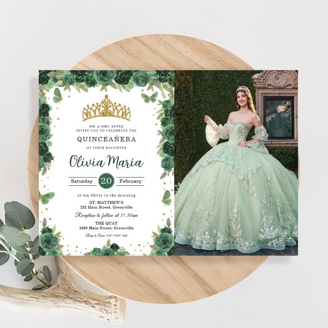 Quinceañera Smaragdgrön Blommig Fjärilar Foto Inbjudningar (Skapare uppladdad)