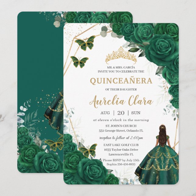Quinceañera Smaragdgrön Blommig Guld Prinsessa Inbjudningar (Fram/baksida)