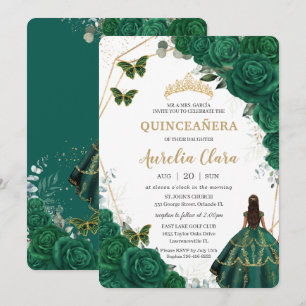 Quinceañera Smaragdgrön Blommig Guld Prinsessa Inbjudningar