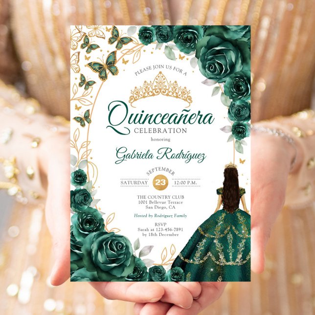 Quinceanera Smaragdgrön Guld Blommig Inbjudningar (Skapare uppladdad)
