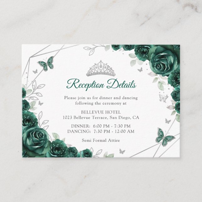 Quinceanera Smaragdgrön Silver Blommiga Detaljer Tilläggskort (Framsida)
