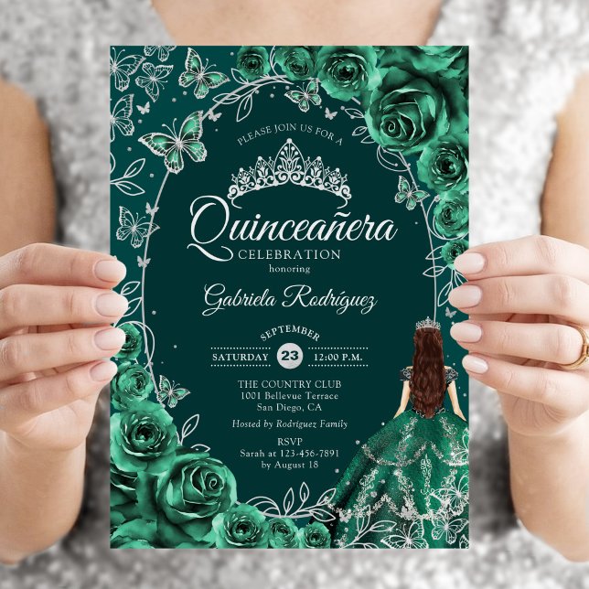 Quinceanera Smaragdgrön Silver Inbjudningar (Skapare uppladdad)