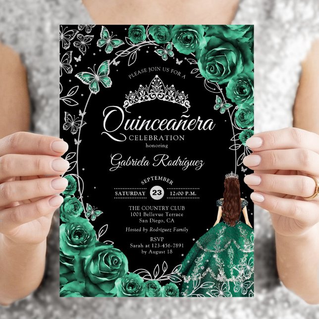 Quinceanera Smaragdgrön Silver Svart Inbjudningar (Skapare uppladdad)