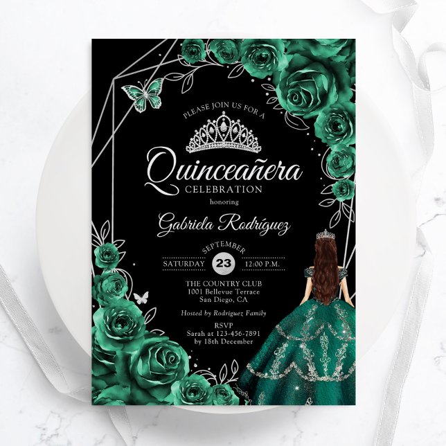 Quinceanera Smaragdgrön Silverklänning Blommig Inbjudningar (Skapare uppladdad)