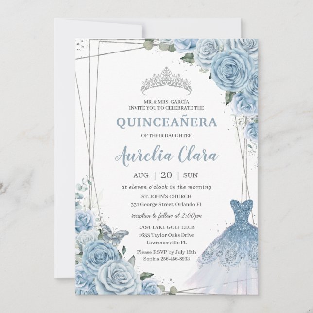 Quinceañera Soft Baby blue Blommigt Ro Dress Gown Inbjudningar (Framsida)