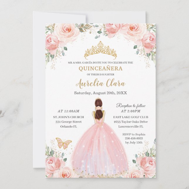 Quinceañera Soft  Blommigt Butterflies Princess Inbjudningar (Framsida)
