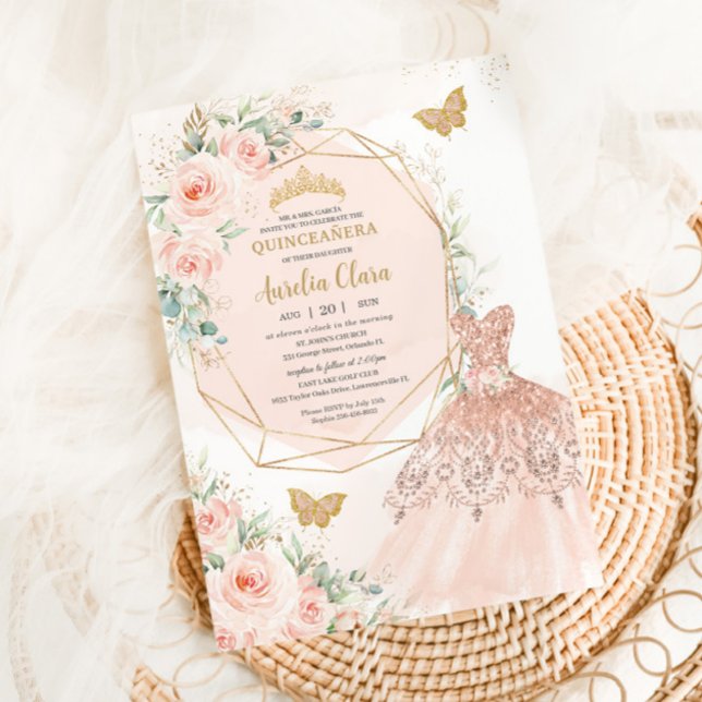Quinceañera Soft  Blommigt Dress Butterflies Inbjudningar (Skapare uppladdad)