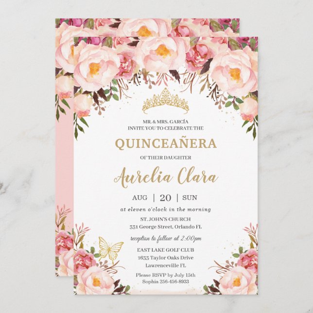 Quinceañera Soft  Blommigt Guld Tiara Butterfly Inbjudningar (Fram/baksida)