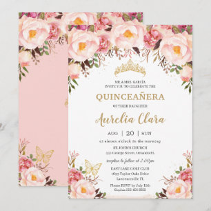 Quinceañera Soft Blommigt Guld Tiara Butterfly Inbjudningar