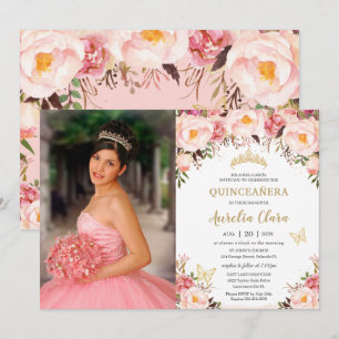 Quinceañera Soft Blommigt Guld Tiara Butterfly Inbjudningar