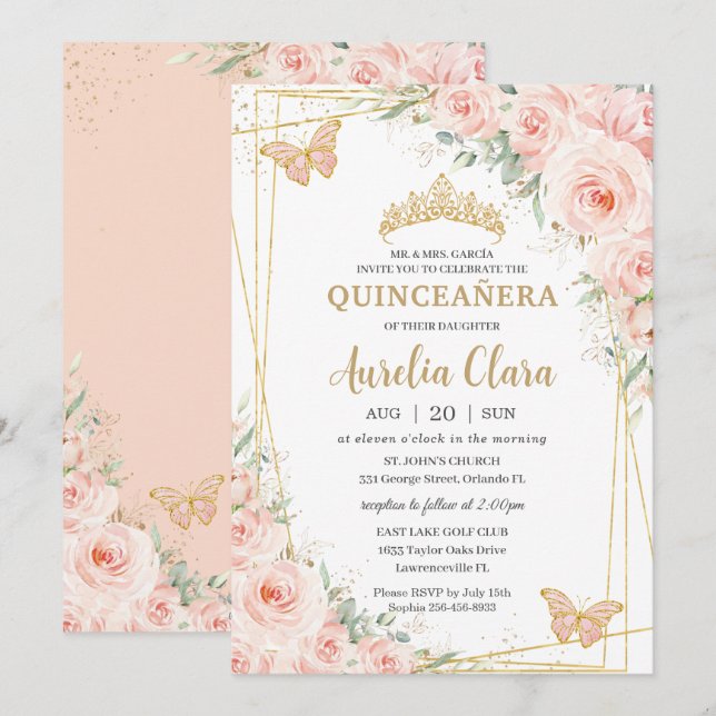 Quinceañera Soft  Blommigt Ro Butterflies Inbjudningar (Fram/baksida)
