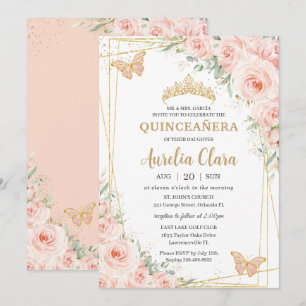 Quinceañera Soft Blommigt Ro Butterflies Inbjudningar