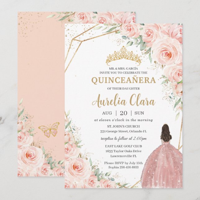 Quinceañera Soft  Blommigt Ro Flowers Krona Inbjudningar (Fram/baksida)