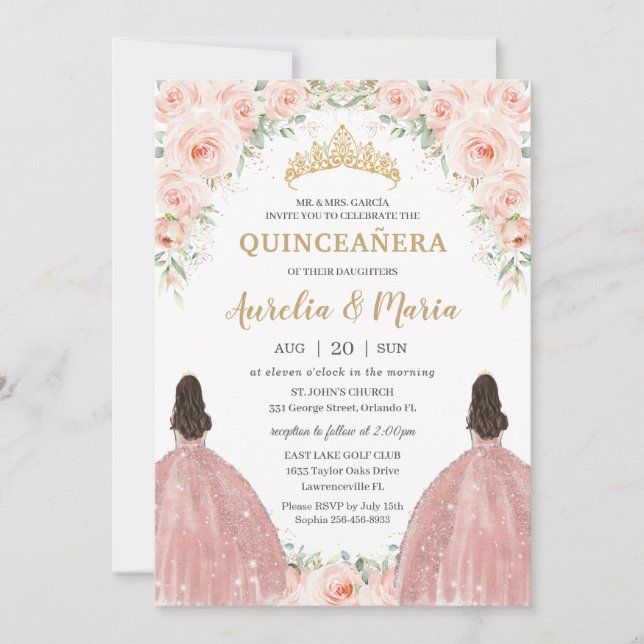 Quinceañera Soft  Blommigt Ro Flowers Twillingar Inbjudningar (Framsida)