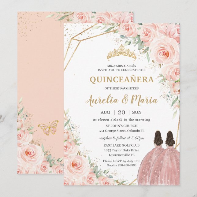Quinceañera Soft  Blommigt Ro Flowers Twillingar Inbjudningar (Fram/baksida)