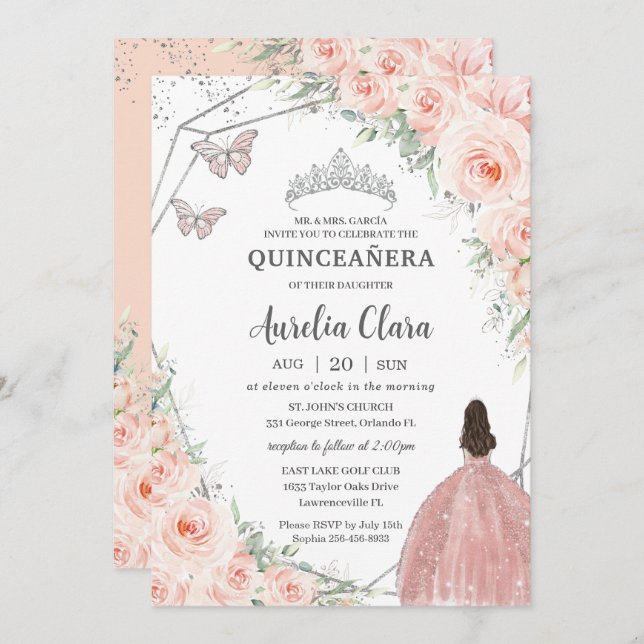 Quinceañera Soft  Blommigt Ro Silver Krona Inbjudningar (Fram/baksida)