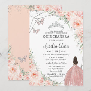 Quinceañera Soft Blommigt Ro Silver Krona Inbjudningar
