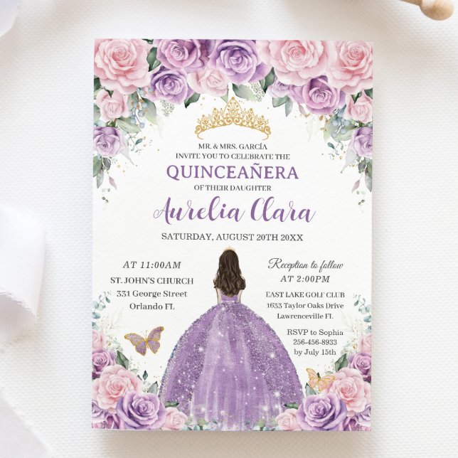 Quinceañera Soft Lila Lilac Rosa Blommigt Princess Inbjudningar (Skapare uppladdad)