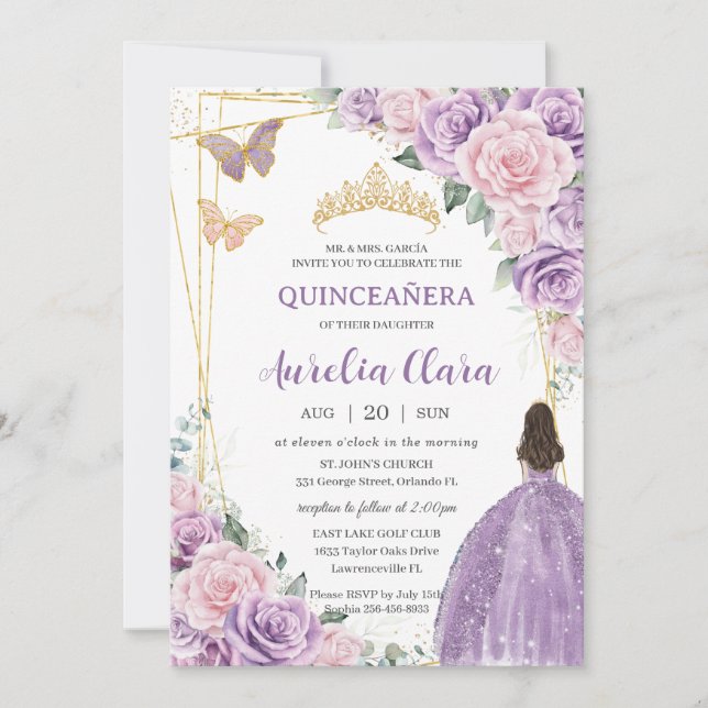 Quinceañera Soft Lila Lilac Rosa Blommigt Princess Inbjudningar (Framsida)