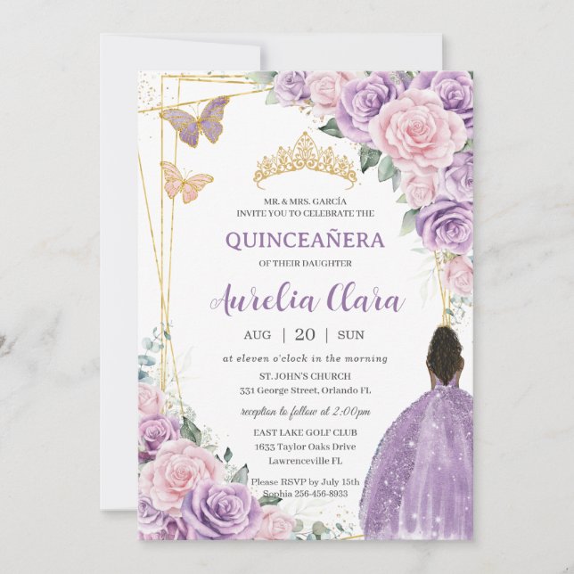 Quinceañera Soft Lila Rosa Blommigt Brown Princess Inbjudningar (Framsida)