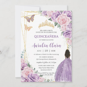 Quinceañera Soft Lila Rosa Blommigt Brown Princess Inbjudningar