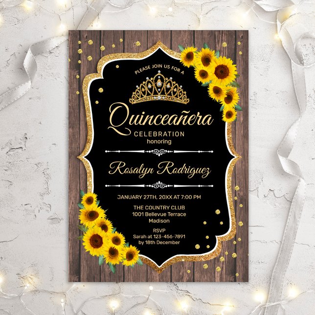 Quinceanera - Solblommor Rustic Wood Inbjudningar (Skapare uppladdad)