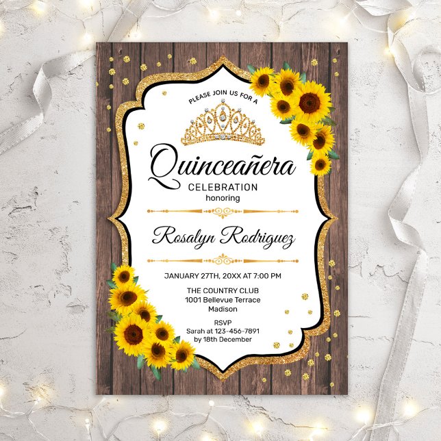 Quinceanera - Solblommor Rustic Wood White Inbjudningar (Skapare uppladdad)