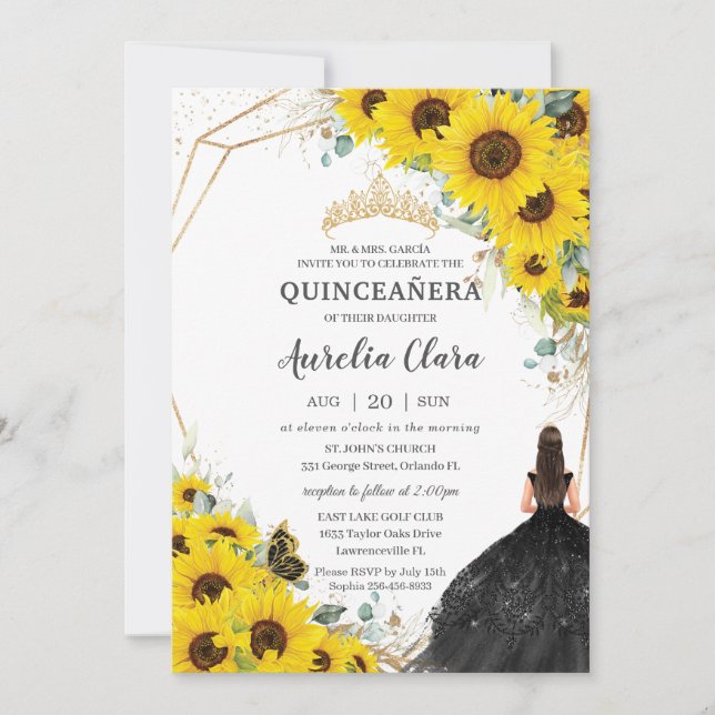 Quinceañera Solros Blommigt Guld Black Dress Inbjudningar (Framsida)