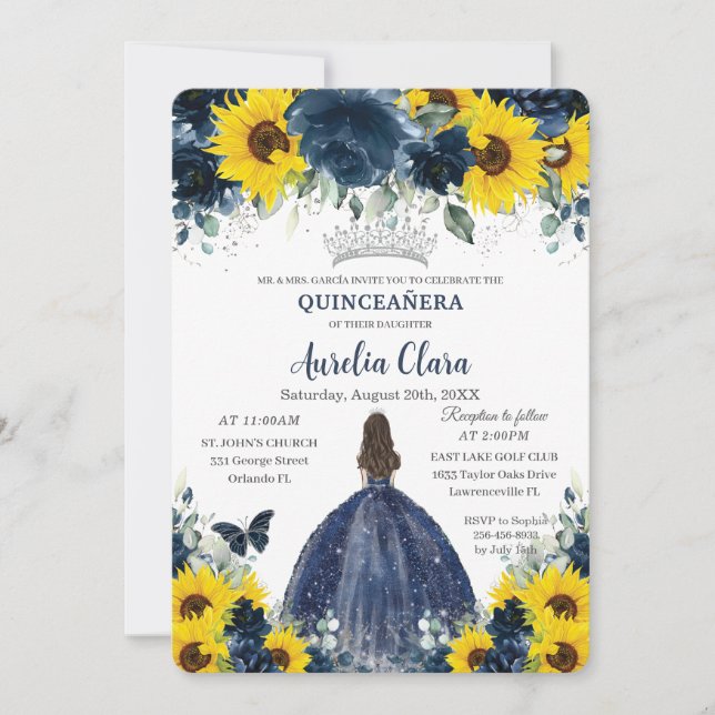 Quinceañera Solros Navy Blue Blommigt Princess Inbjudningar (Framsida)