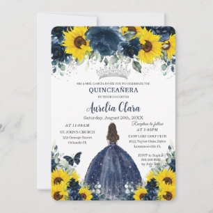 Quinceañera Solros Navy Blue Blommigt Princess Inbjudningar